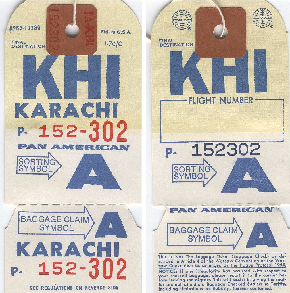 A 1970s Pan Am baggage tag for Karachi, Pakistan.  The photo shows both the front and back of the label.